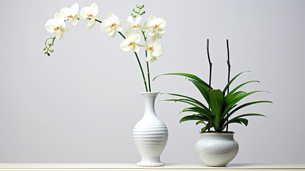 Drei stammige große weiße Motte-Orchidee in einer dünnen runden Vase vor einem hellen weißen Hintergrund