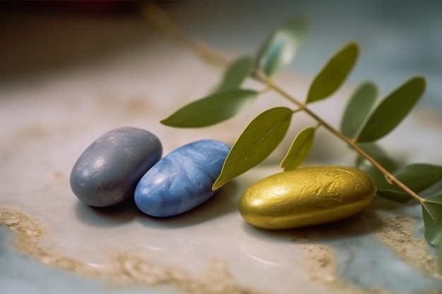 Drei Steine auf einem Teller mit einem Blatt, auf dem steht: „Ich bin ein goldenes Ei“.