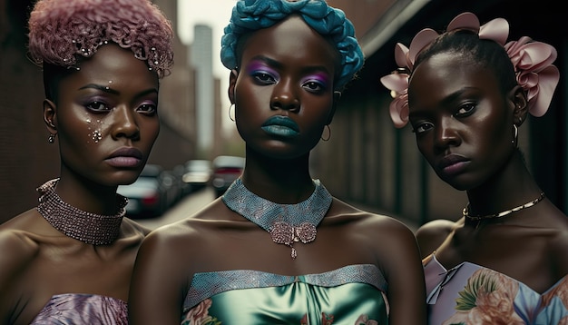 Drei stilvolle junge schwarze Frauen in der Stadt Afro-Frisuren Generative KI
