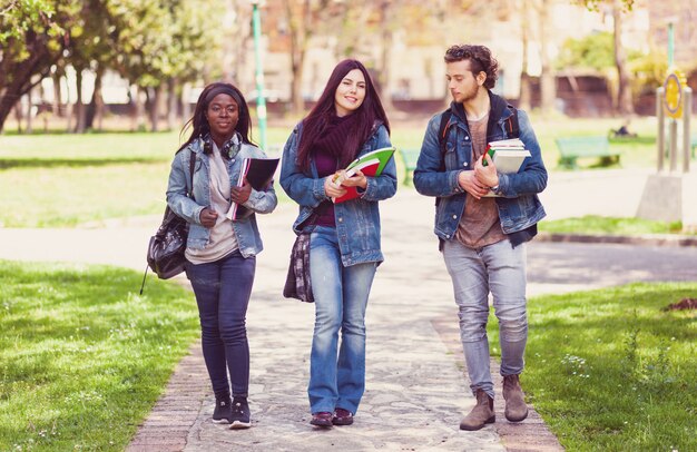 Drei Studenten im Park im Freien