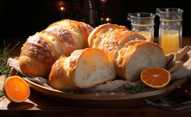 Drei Stücke Brot auf einem Teller mit frischer Orange