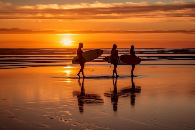 Drei Surfer gehen bei Sonnenuntergang am Strand spazieren