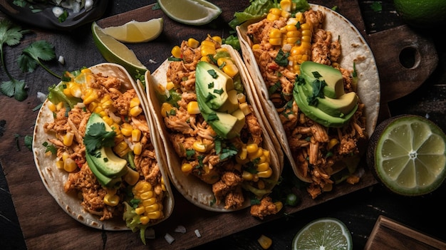 Drei Tacos auf einem Holzbrett mit Avocado darauf