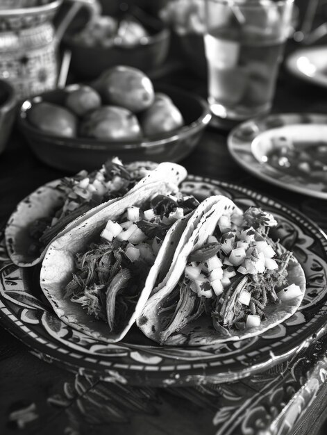 Foto drei tacos mit fleisch und zwiebeln auf einem teller