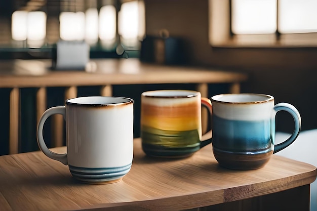 Drei Tassen auf einem Tisch mit dem gleichen Muster wie das, das Tassen genannt wird