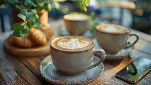 Foto drei tassen cappuccino in einer café-bar mit einem telefon auf dem tisch im sommer