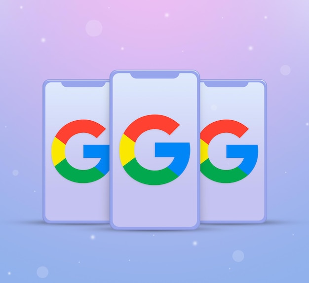 Drei Telefone mit Googlelogo auf Bildschirmen 3d