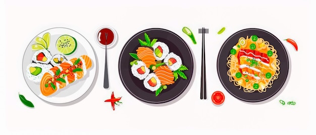 Drei Teller mit Stäbchen, Sushi und einer Flasche Sauce, sauberer Hintergrund