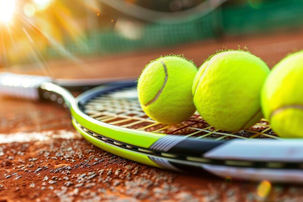 Foto drei tennisbälle und ein schläger auf einem tennisplatz