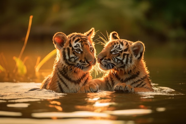 Foto drei tigerbabys spielen am flussufer