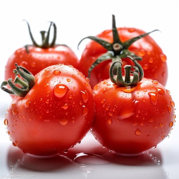 Drei Tomaten mit Wassertropfen darauf und eine davon mit grünem Stiel.