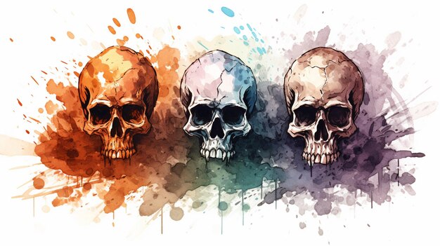 Drei Totenköpfe mit verschiedenen Farben und Spritzern auf weißem Hintergrund, generative KI