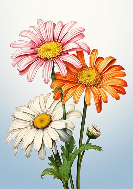 drei unterschiedlich farbige Blumen Vase Tisch Illustration riesige Gänseblümchen Blumenkopf Auflistung Druck