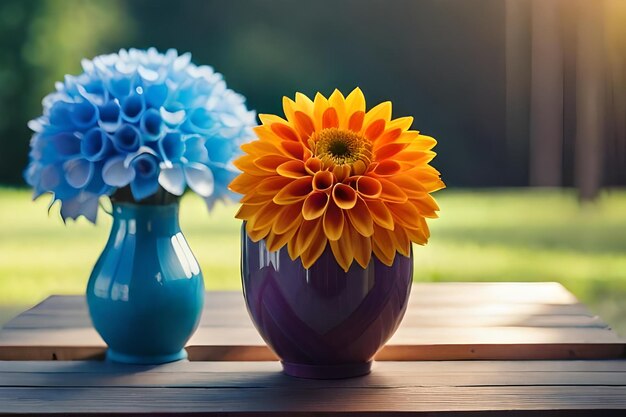 Drei Vasen mit Blumen auf einem Tisch, von denen eine die Nummer 3 trägt.