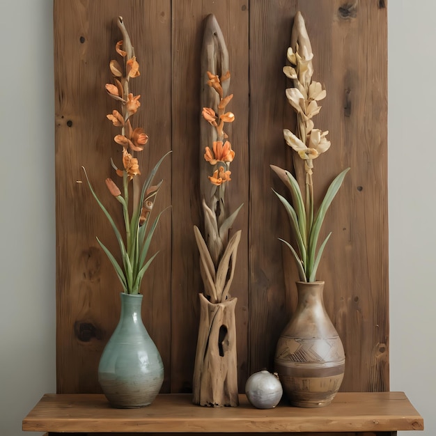 drei Vasen mit Blumen und ein Holzobjekt auf einem Regal