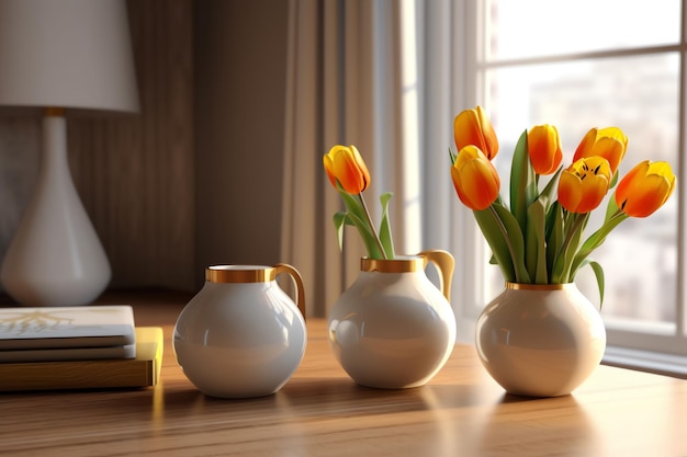 Drei Vasen mit orangefarbenen Tulpen stehen auf einem Tisch vor einem Fenster