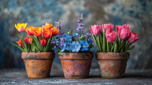 Drei Vasen mit unterschiedlich farbigen Blumen