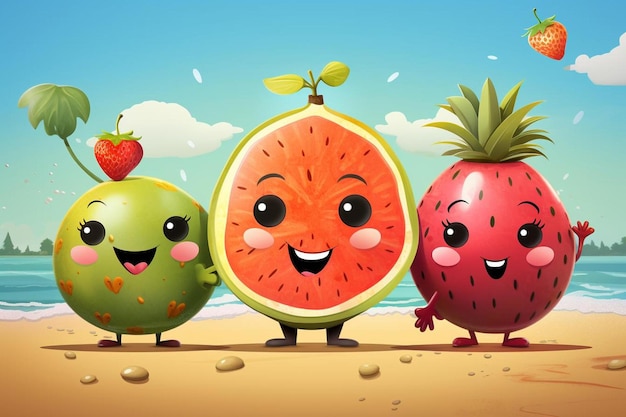 Foto drei verschiedene früchte liegen am strand, eine davon hat ein gesicht mit einer erdbeere darauf.