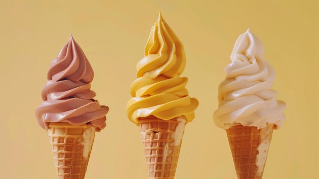Drei verschiedene Geschmackssorten von Soft-Serve-Eis auf einem gelben Hintergrund