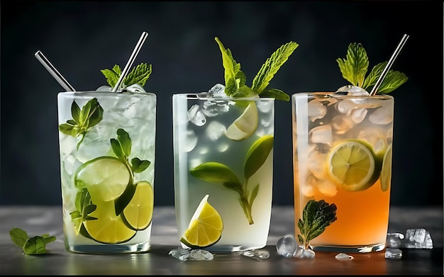 Drei verschiedene Mojito-Cocktails in einer Vielzahl von Glaswaren, jeder mit seiner eigenen einzigartigen Wendung