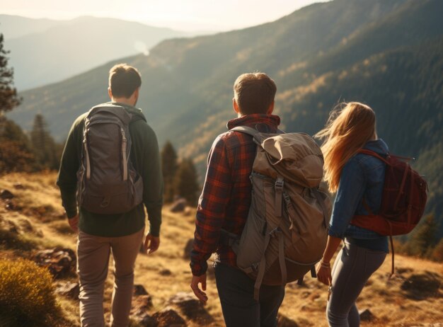 drei Wanderer auf einem Bergweg mit atemberaubender Aussicht auf das Tal, das sich unter ihnen entfaltet