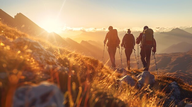 Drei Wanderer, die bei Sonnenaufgang in den Bergen wandern, Outdoor-Abenteuer, Lebensstil, Golden Hour-Erforschung mit Freunden, ruhige und aktive Momente, die von der KI erfasst wurden.