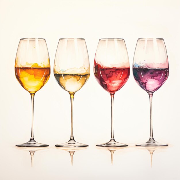 drei Weingläser mit verschiedenen farbigen Flüssigkeiten in ihnen auf einer weißen Oberfläche generative ai