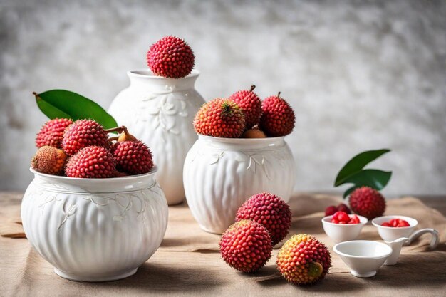 drei weiße Vasen mit Beeren und eine Schüssel mit Himbeeren