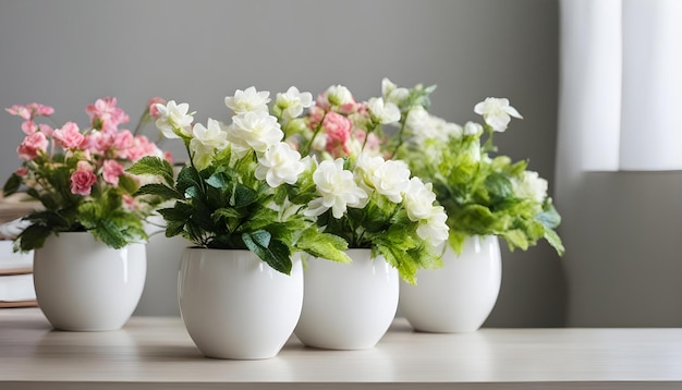 drei weiße Vasen mit Blumen auf einem Tisch