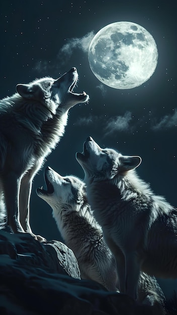 drei Wölfe blicken auf den Mond