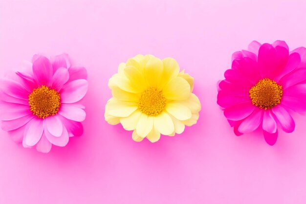 Drei wunderschöne bunte Blumen auf rosa Hintergrund