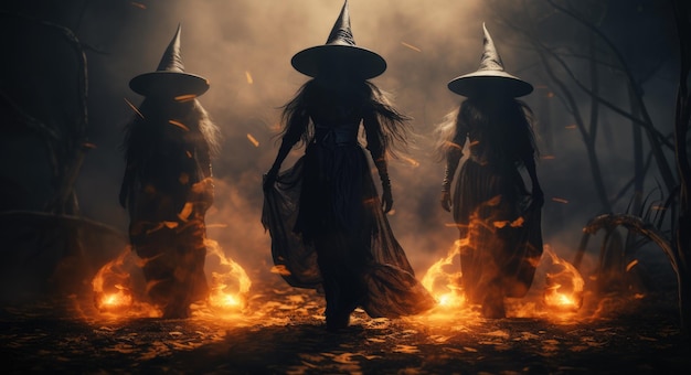 Drei wunderschöne Hexen wirken einen Zauber im dunklen Wald. Eine Halloween-Fantasie mit Kesseln