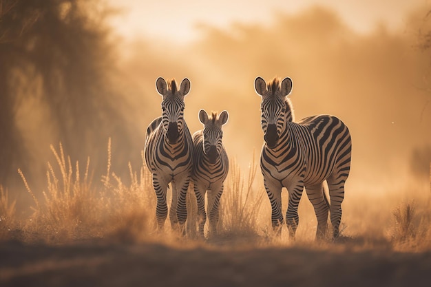 Drei Zebras stehen auf einem Feld, hinter dem die Sonne untergeht.