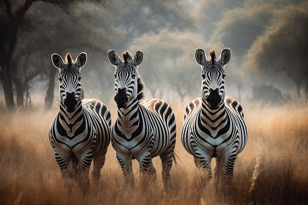 Drei Zebras stehen auf einem Feld mit einem bewölkten Himmel im Hintergrund.