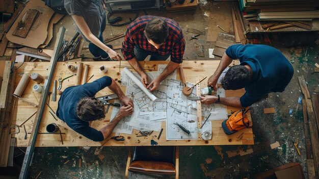 Foto drei zimmerleute, die zusammen in einer werkstatt arbeiten, sehen sich pläne an und messen holz