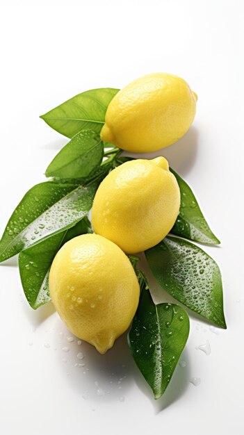 Drei Zitronen auf einem Zweig mit grünen Blättern