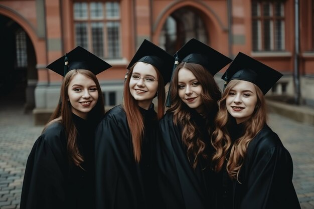 Drei zufriedene und glückliche Freunde tragen nach ihrem Abschluss das traditionelle Absolventenoutfit mit ihrem von Ai erzeugten Doktorhut