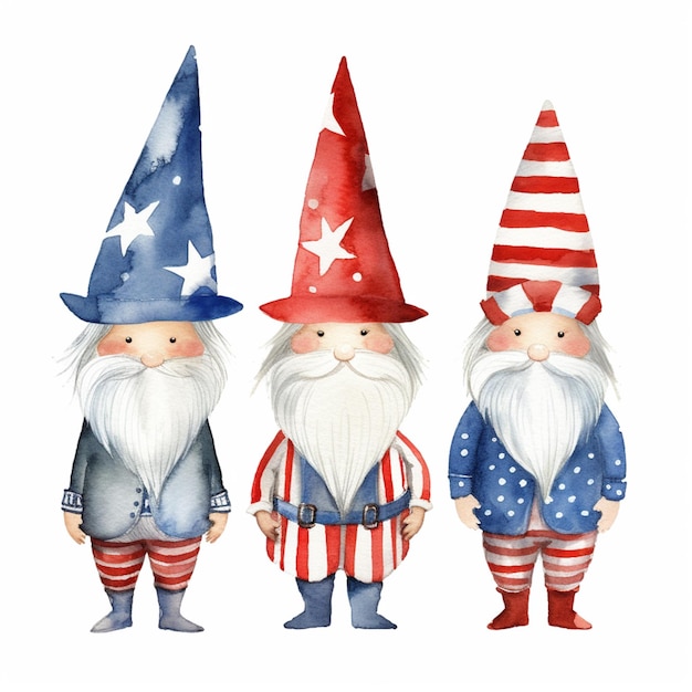 Drei Zwerge in patriotischen Outfits und Hüten stehen nebeneinander