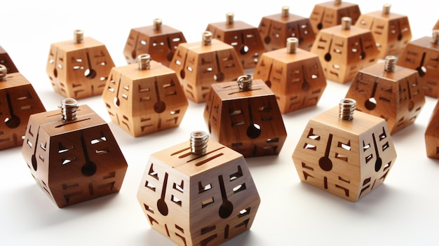 Foto dreidels de madera para hanukkah sobre un fondo blanco