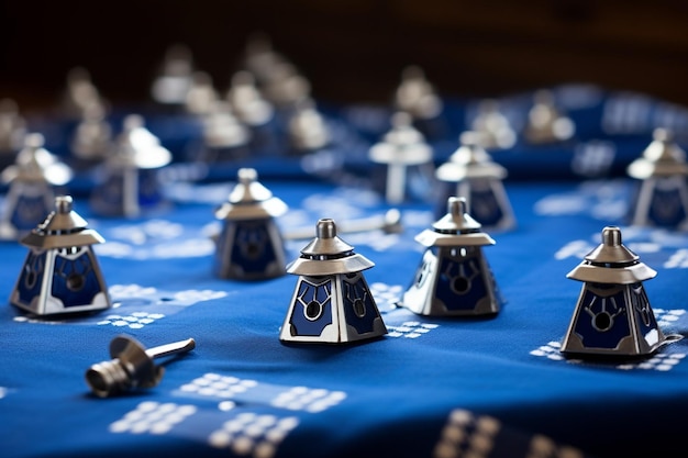 Dreidels en un mantel con tema de Hanukkah