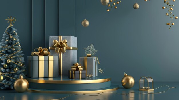 Dreidimensionale Darstellung einer blau-goldenen minimalistischen Weihnachtsszene Leere Schaufenster für die Produktpräsentation mit verpackten Geschenken auf leeren Podiums, die gegen einen blauen Hintergrund isoliert sind