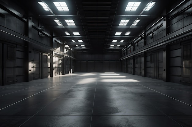 Dreidimensionale Darstellung einer dunklen, leeren Lagerhalle, die von der KI generiert wurde