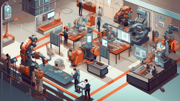Dreidimensionale Illustration für die Zusammenarbeit in intelligenten Fabriken
