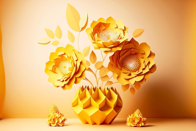 Dreidimensionale Komposition von goldgelben 3D-Rendering-Papierblumen auf Tisch generativer ai