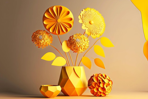 Dreidimensionale Komposition von goldgelben 3D-Rendering-Papierblumen auf Tisch generativer ai