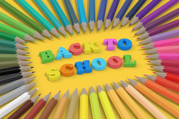 Dreidimensionaler "back to school"-Text, umgeben von bunten Bleistiften.