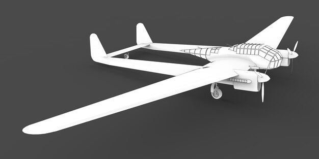 Dreidimensionales Modell des Bomberflugzeugs des zweiten Weltkriegs. Körper mit zwei Schwänzen und breiten Flügeln. Turboprop-Motor. Gezeichnetes Flugzeug auf grauem Hintergrund. 3D-Darstellung.