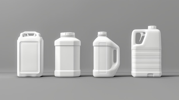 Dreidimensionales, realistisches Modell von leeren, weißen, unterschiedlich geformten und gefüllten Behältern für Waschmittel, Motorenöl, Fahrzeugschmiermittel und Benzinzusatzstoffe