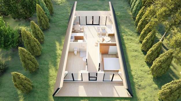 Dreieckiges Fachwerkhaus aus Holz mit zwei Stockwerken. Hochwertiger Rendering. 3D Modellierung.