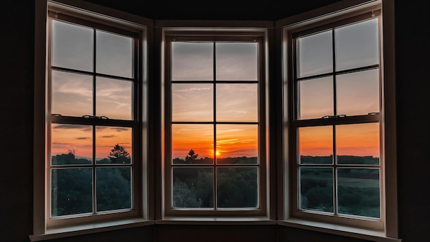 Dreifaches Fenster mit einem wunderschönen Blick auf den Sonnenuntergang draußen